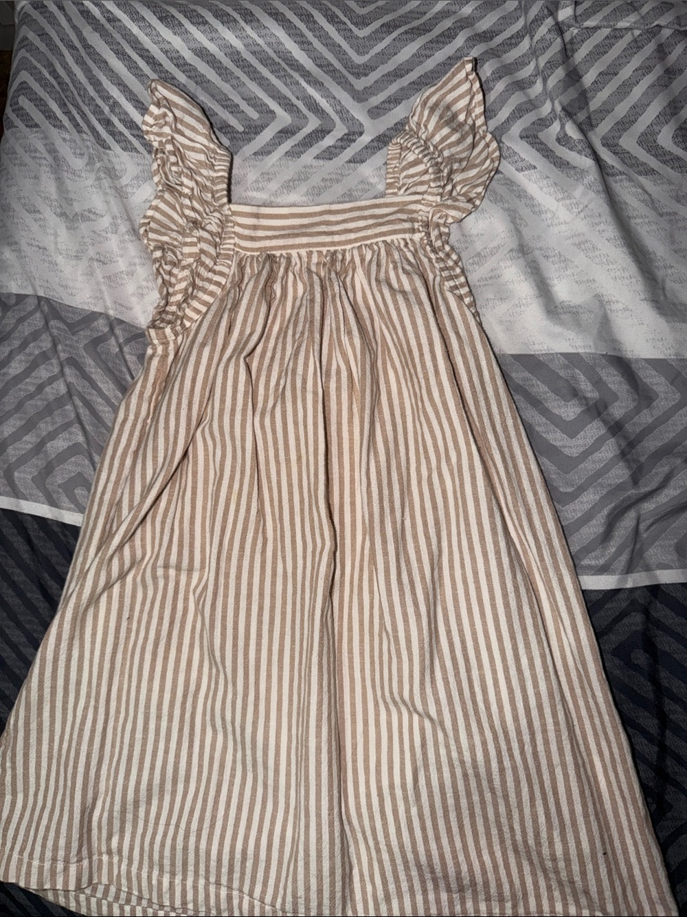 Girls Beige & White Striped Ruffle Strap Casual Dress